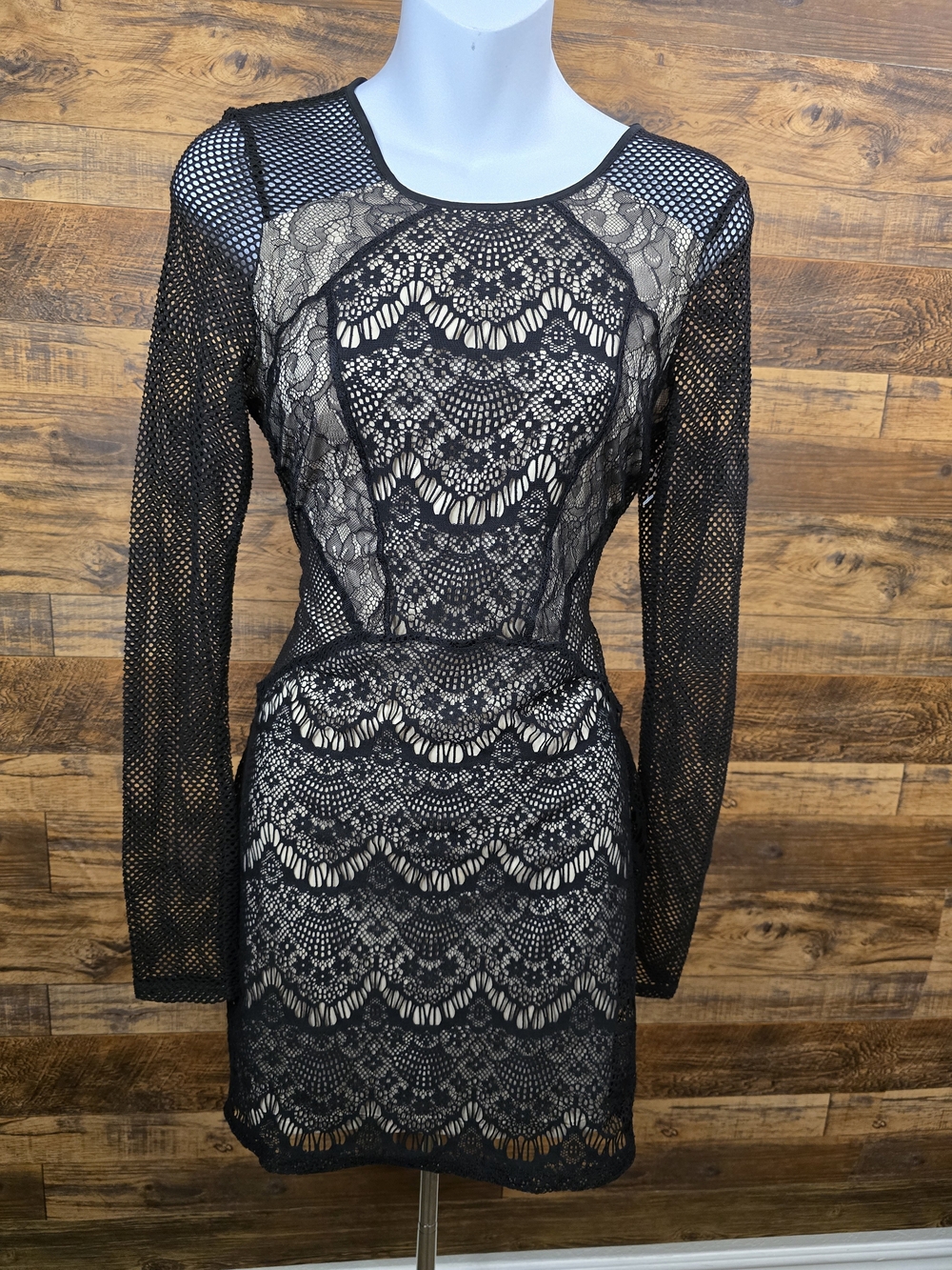 Express Black Lace Long-Sleeve Dress with Nude Illusion Lining